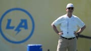 Los Angeles Chargers coach Jim Harbaugh looks on during offseason workouts at The Bolt. 