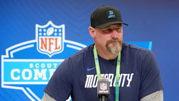 Feb 25, 2025; Indianapolis, IN, USA; Detroit Lions coach Dan Campbell speaks during the NFL Scouting Combine at the Indiana Convention Center. Mandatory Credit: Kirby Lee-Imagn Images