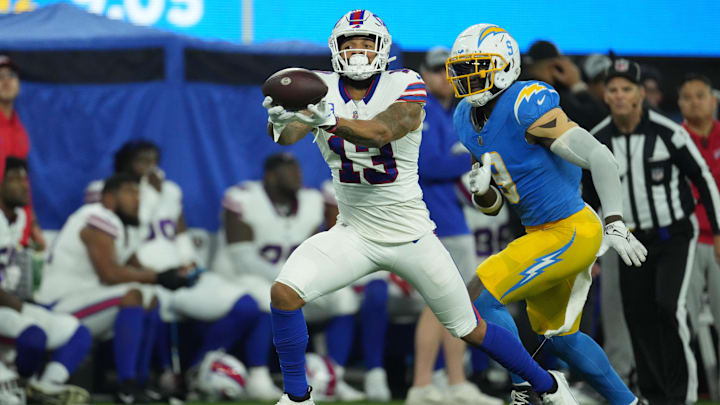 Former Buffalo Bills wide receiver Gabe Davis (13) catches a 57-yard touchdown pass. Former Buffalo Bills wide receiver Gabe Davis (13) catches a 57-yard touchdown pass.