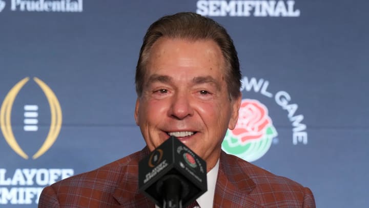 Dec 31, 2023; Los Angeles, CA, USA; Alabama Crimson Tide head coach Nick Saban at the Rose Bowl coaches press conference at the Sheraton Grand  Mandatory Credit: Kirby Lee-USA TODAY Sports