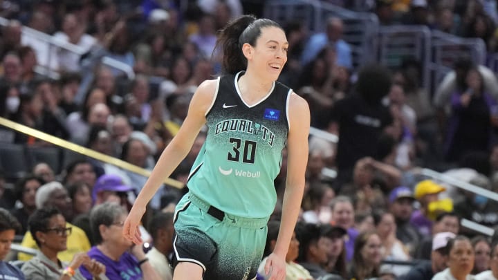 New York Liberty forward Breanna Stewart (30) celebrates.