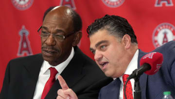 Los Angeles Angels manager Ron Washington (left) with general manager Perry Minasian