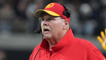 Nov 26, 2023; Paradise, Nevada, USA; Kansas City Chiefs coach Andy Reid watches from the sidelines against the Las Vegas Raiders in the second half at Allegiant Stadium. Mandatory Credit: Kirby Lee-Imagn Images