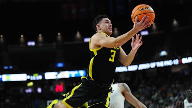 Mar 16, 2024; Las Vegas, NV, USA; Oregon Ducks guard Jackson Shelstad (3) shoots the ball against