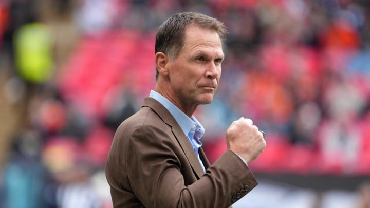 Oct 30, 2022; London, United Kingdom; Jacksonville Jaguars general manager Trent Baalke reacts during an NFL International Series game against the Denver Broncos at Wembley Stadium. The Broncos defeated the Jaguars 21-17. 