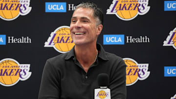 Sep 25, 2024; El Segundo, CA, USA; Los Angeles Lakers general manager Rob Pelinka at press conference at UCLA Health Training Center. Mandatory Credit: Kirby Lee-Imagn Images