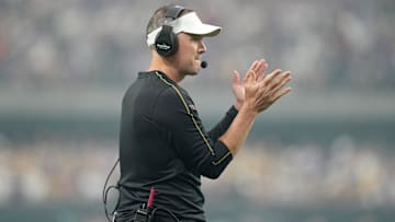 Sep 1, 2024; Paradise, Nevada, USA; Southern California Trojans head coach Lincoln Riley reacts in the first half against the LSU Tigers at Allegiant Stadium. Mandatory Credit: Kirby Lee-Imagn Images