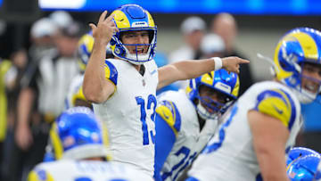 Aug 16, 2025; Inglewood, California, USA; Los Angeles Rams quarterback Stetson Bennett IV (13) gestures in the second half against the Los Angeles Chargers at SoFi Stadium. Mandatory Credit: Kirby Lee-Imagn Images