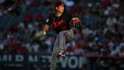 May 9, 2025; Anaheim, California, USA; Baltimore Orioles starting pitcher Tomoyuki Sugano (19) throws in the first inning against the Los Angeles Angels at Angel Stadium. 