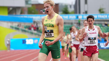 May 18, 2025; Eugene, OR, USA; Simeon Birnbaum of Oregon celebrates after winning the 5,000m in a meet record 13:31.87 during the Big Ten Championships at Hayward Field. Mandatory Credit: Kirby Lee-Imagn Images
