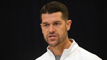 Feb 25, 2025; Indianapolis, IN, USA; Carolina Panthers coach Dave Canales speaks during the NFL Scouting Combine at the Indiana Convention Center.