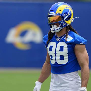 May 28, 2025; Woodland Hills, CA, USA; Los Angeles Rams receiver Jordan Whittington (88) during organized team activities at Rams Practice Facility. Mandatory Credit: Kirby Lee-Imagn Images