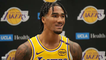 Sep 30, 2024; El Segundo, CA, USA; Los Angeles Lakers  guard Jalen Hood-Schifino (0) during media day at the UCLA Health Training Center. Mandatory Credit: Kirby Lee-Imagn Images