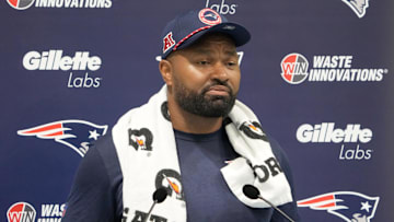 Oct 18, 2024; London, United Kingdom; New England Patriots coach Jerod Mayo at press conference at the Harrow School. Mandatory Credit: Kirby Lee-Imagn Images