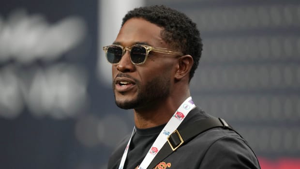 Southern California Trojans former running back Reggie Bush attends the game against the LSU Tigers at Allegiant Stadium