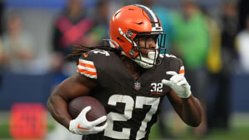 Dec 3, 2023; Inglewood, California, USA; Cleveland Browns running back Kareem Hunt (27) carries the ball against the Los Angeles Rams in the first half at SoFi Stadium.
