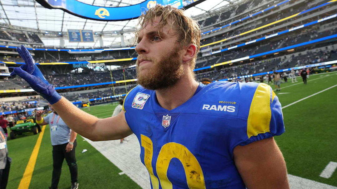 Oct 16, 2022; Inglewood, California, USA; Los Angeles Rams wide receiver Cooper Kupp (10) leaves the field after the game against the Carolina Panthers at SoFi Stadium. Mandatory Credit: Kirby Lee-Imagn Images