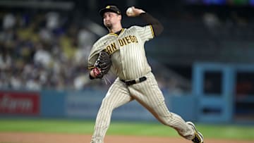 Sep 13, 2023; Los Angeles, California, USA; San Diego Padres starting pitcher Blake Snell (4) throws