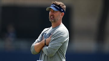 Jul 29, 2023; Oxnard, CA, USA; Dallas Cowboys offensive coordinator Brian Schottenheimer during training camp at the River Ridge Fields.