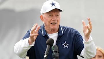 Dallas Cowboys owner Jerry Jones speaks during training camp opening ceremonies at the River Ridge Fields.