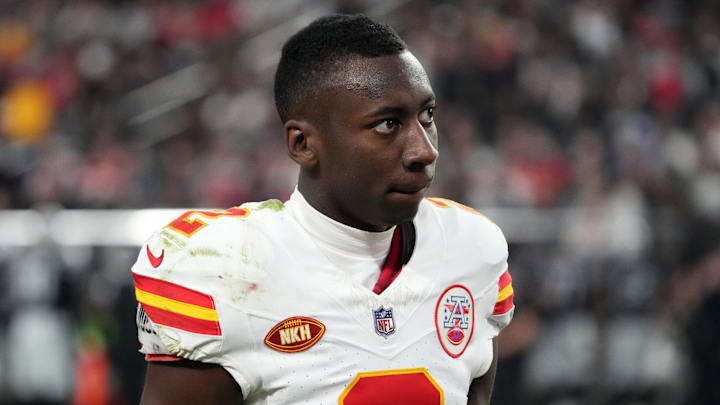 Nov 26, 2023; Paradise, Nevada, USA; Kansas City Chiefs cornerback Joshua Williams (2) watches from the sidelines in the second half against the Las Vegas Raiders at Allegiant Stadium. Mandatory Credit: Kirby Lee-Imagn Images