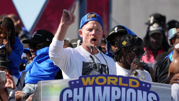 Feb 16, 2022; Los Angeles, CA, USA; Los Angeles Rams general manager Les Snead speaks during his team's Super Bowl parade.