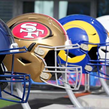 Oct 8, 2023; London United Kingdom, Large helmets of the Seattle Seahawks, San Francisco 49ers and Los Angeles Rams at an NFL International Series game at Tottenham Hotspur Stadium. Mandatory Credit: Kirby Lee-Imagn Images