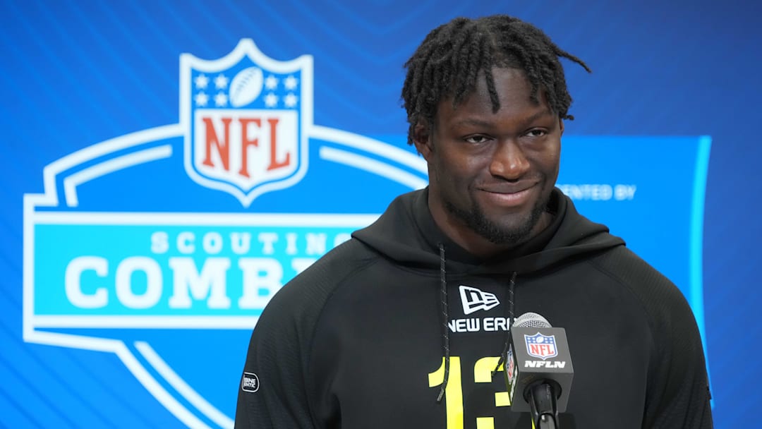 Feb 26, 2025; Indianapolis, IN, USA; South Carolina linebacker Demetrius Knight (LB13) during the 2025 NFL Scouting Combine at the Indiana Convention Center. Mandatory Credit: Kirby Lee-Imagn Images