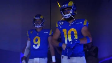 Dec 17, 2023; Inglewood, California, USA; Los Angeles Rams quarterback Matthew Stafford (9) and wide receiver Cooper Kupp (10) enter the field before the game against the Washington Commanders at SoFi Stadium. Mandatory Credit: Kirby Lee-USA TODAY Sports