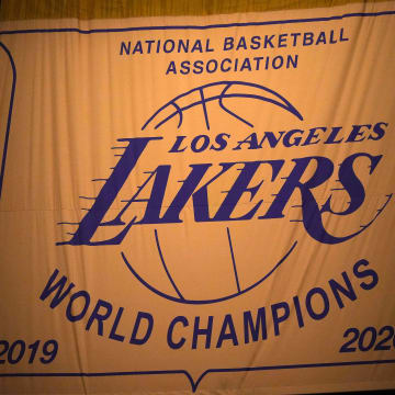 Jun 3, 2021; Los Angeles, California, USA;  The Los Angeles Lakers 2019-2020 NBA Championship banner at Staples Center. Mandatory Credit: Kirby Lee-USA TODAY Sports