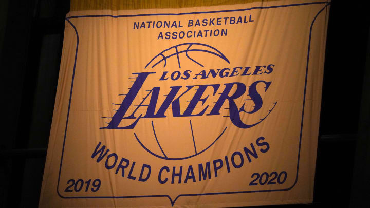 Jun 3, 2021; Los Angeles, California, USA;  The Los Angeles Lakers 2019-2020 NBA Championship banner at Staples Center. Mandatory Credit: Kirby Lee-USA TODAY Sports