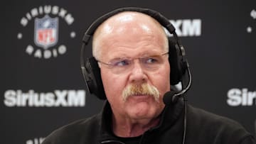 Feb 25, 2025; Indianapolis, IN, USA; Kansas City Chiefs oach Andy Reid on the SiriusXM radio set at the NFL Scouting Combine at the Indiana Convention Center. Mandatory Credit: Kirby Lee-Imagn Images