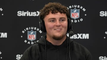 Feb 26, 2025; Indianapolis, IN, USA; Michigan defensive lineman Mason Graham (DL11) on the SiriusXM radio set during the 2025 NFL Scouting Combine at the Indiana Convention Center.