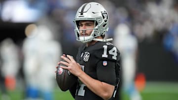 Jan 5, 2025; Paradise, Nevada, USA; Las Vegas Raiders quarterback Carter Bradley (14) during the game against the Los Angeles Chargers at Allegiant Stadium. Mandatory Credit: Kirby Lee-Imagn Images