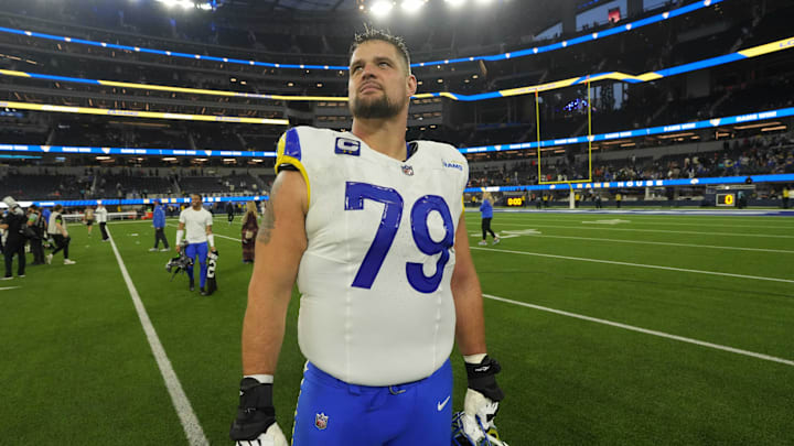 Dec 3, 2023; Inglewood, California, USA; Los Angeles Rams offensive tackle Rob Havenstein (79) reacts after the game against the Cleveland Browns at SoFi Stadium. Mandatory Credit: Kirby Lee-Imagn Images