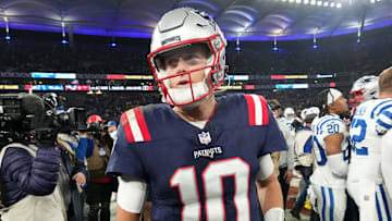 Nov 12, 2023; Frankfurt, Germany; New England Patriots quarterback Mac Jones (10) leaves the field