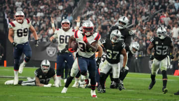 Dec 18, 2022; Paradise, Nevada, USA; New England Patriots running back Rhamondre Stevenson (38) scores on a 34-yard touchdown run in the second half against the Las Vegas Raiders at Allegiant Stadium. The Raiders defeated the Patriots 30-24. Mandatory Credit: Kirby Lee-USA TODAY Sports