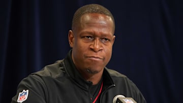 Feb 25, 2025; Indianapolis, IN, USA; Atlanta Falcons coach Raheem Morris speaks during the NFL Scouting Combine at the Indiana Convention Center. Mandatory Credit: Kirby Lee-Imagn Images