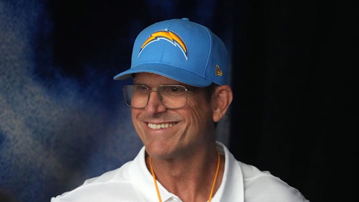 Aug 17, 2024; Inglewood, California, USA; Los Angeles Chargers coach Jim Harbaugh reacts against the Los Angeles Rams in the first half at SoFi Stadium. Mandatory Credit: Kirby Lee-Imagn Images