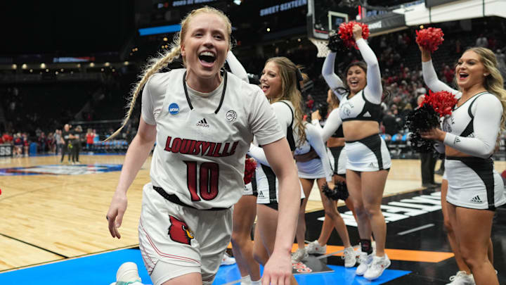 Mar 24, 2023; Seattle, WA, USA; Louisville Cardinals guard Hailey Van Lith (10) celebrates at the end of the game against the Ole Miss Rebels Climate Pledge Arena. Mandatory Credit: Kirby Lee-Imagn Images
