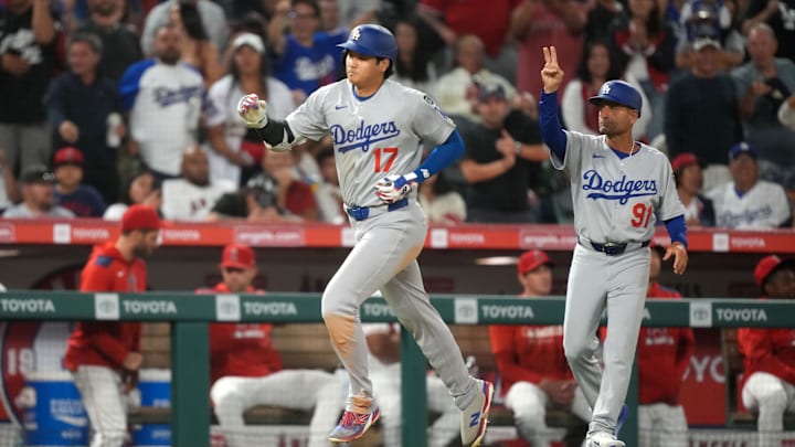 Los Angeles Dodgers star Shohei Ohtani after hitting a home run in the ninth inning against the Los Angeles Angels