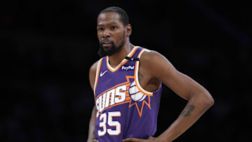 Mar 16, 2025; Los Angeles, California, USA; Phoenix Suns forward Kevin Durant (35) reacts against the Los Angeles Lakers in the second half at Crypto.com Arena. Mandatory Credit: Kirby Lee-Imagn Images