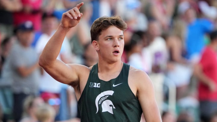 Jun 22, 2024; Eugene, OR, USA; Heath Baldwin of Michigan State celebrates after winning the decathlon with 8,625 points during the US Olympic Team Trials at Hayward Field. Mandatory Credit: Kirby Lee-USA TODAY Sports