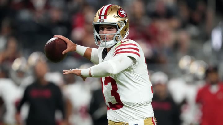 Aug 23, 2024; Paradise, Nevada, USA; San Francisco 49ers quarterback Brock Purdy (13) throws the ball against the Las Vegas Raiders in the first half at Allegiant Stadium. Mandatory Credit: Kirby Lee-USA TODAY Sports