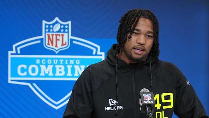 Feb 27, 2025; Indianapolis, IN, USA; Marshall defensive lineman Mike Green (DL49) during the 2025 NFL Scouting Combine at the Indiana Convention Center. Mandatory Credit: Kirby Lee-Imagn Images