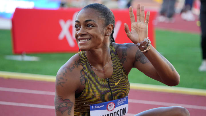 Jun 28, 2024; Eugene, OR, USA; Sha'Carri Richardson celebrates after winning the women's 200m heat in 21.92 during the US Olympic Team Trials at Hayward Field. Mandatory Credit: Kirby Lee-USA TODAY Sports