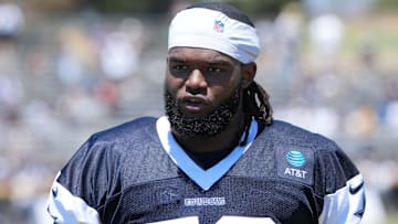 Jul 26, 2025; Oxnard, CA, USA; Dallas Cowboys defensive tackle Mazi Smith (58) at training camp at the River Ridge Fields. Mandatory Credit: Kirby Lee-Imagn Images
