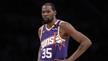 Mar 16, 2025; Los Angeles, California, USA; Phoenix Suns forward Kevin Durant (35) reacts against the Los Angeles Lakers in the second half at Crypto.com Arena. Mandatory Credit: Kirby Lee-Imagn Images