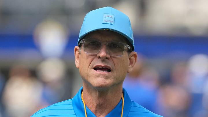 Aug 16, 2025; Inglewood, California, USA; Los Angeles Chargers coach Jim Harbaugh reacts during the game against the Los Angeles Rams at SoFi Stadium. Mandatory Credit: Kirby Lee-Imagn Images