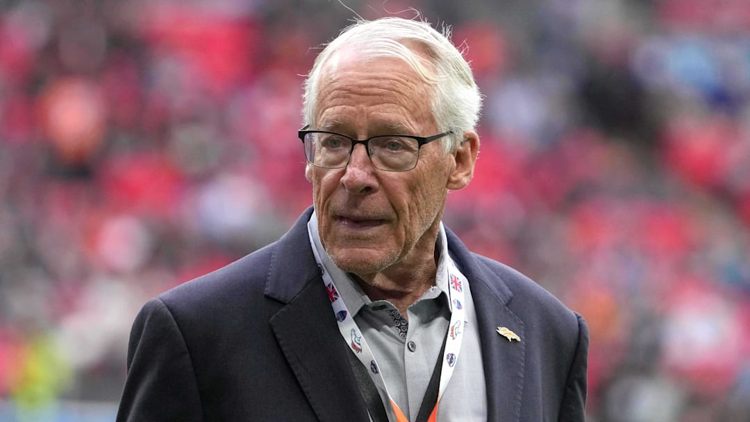 Oct 30, 2022; London, United Kingdom; Denver Broncos owner Rob Walton reacts during an NFL International Series game against the Jacksonville Jaguars at Wembley Stadium. The Broncos defeated the Jaguars 21-17. Mandatory Credit: Kirby Lee-Imagn Images